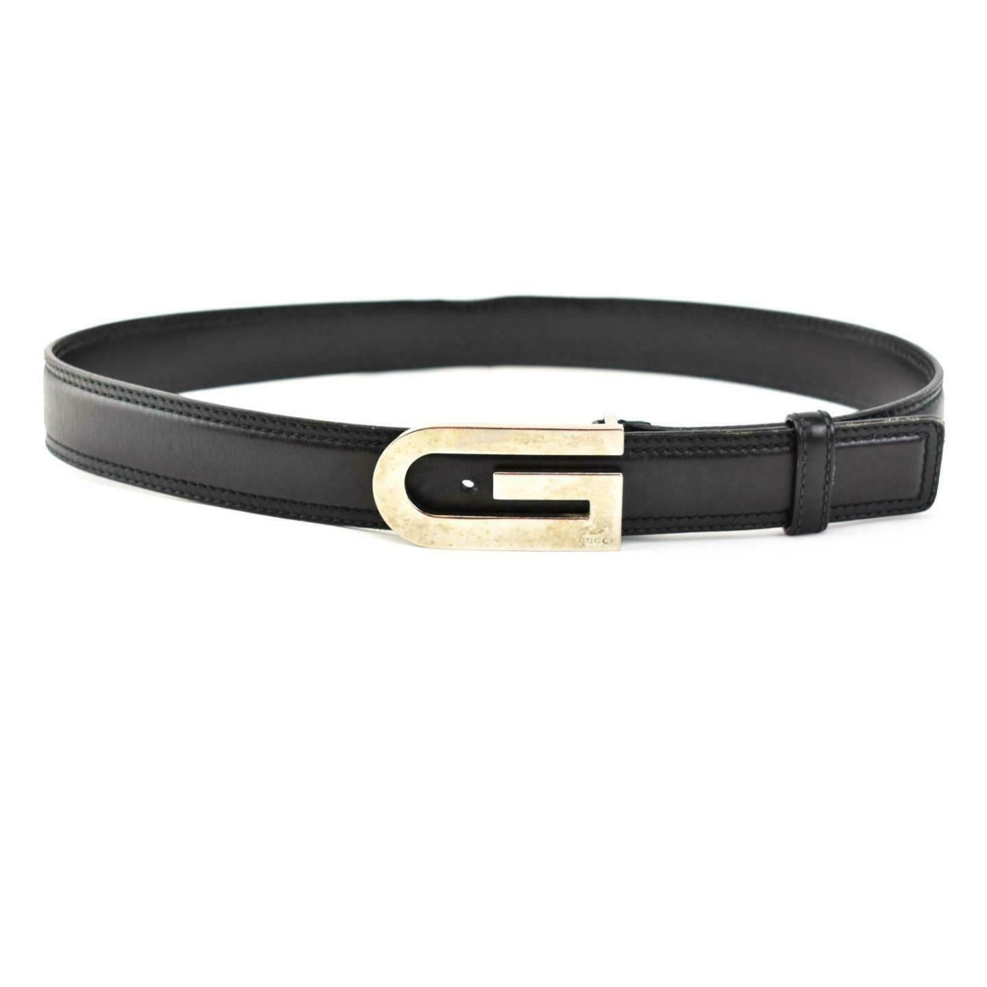 GUCCI: Black, Leather & Silver "G" Buckle Logo Belt fits 30" to 32" (pz)