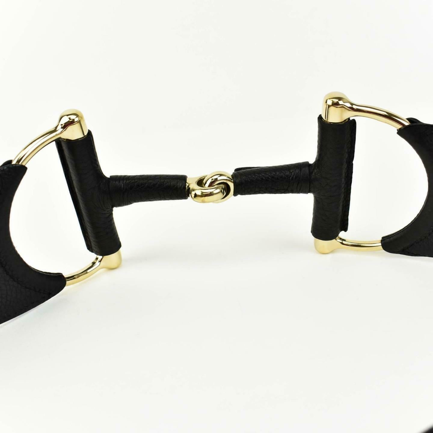 GUCCI: Black Leather & Gold "Horsebit" Buckle, Waist Belt fits 34" to 38" (ps)