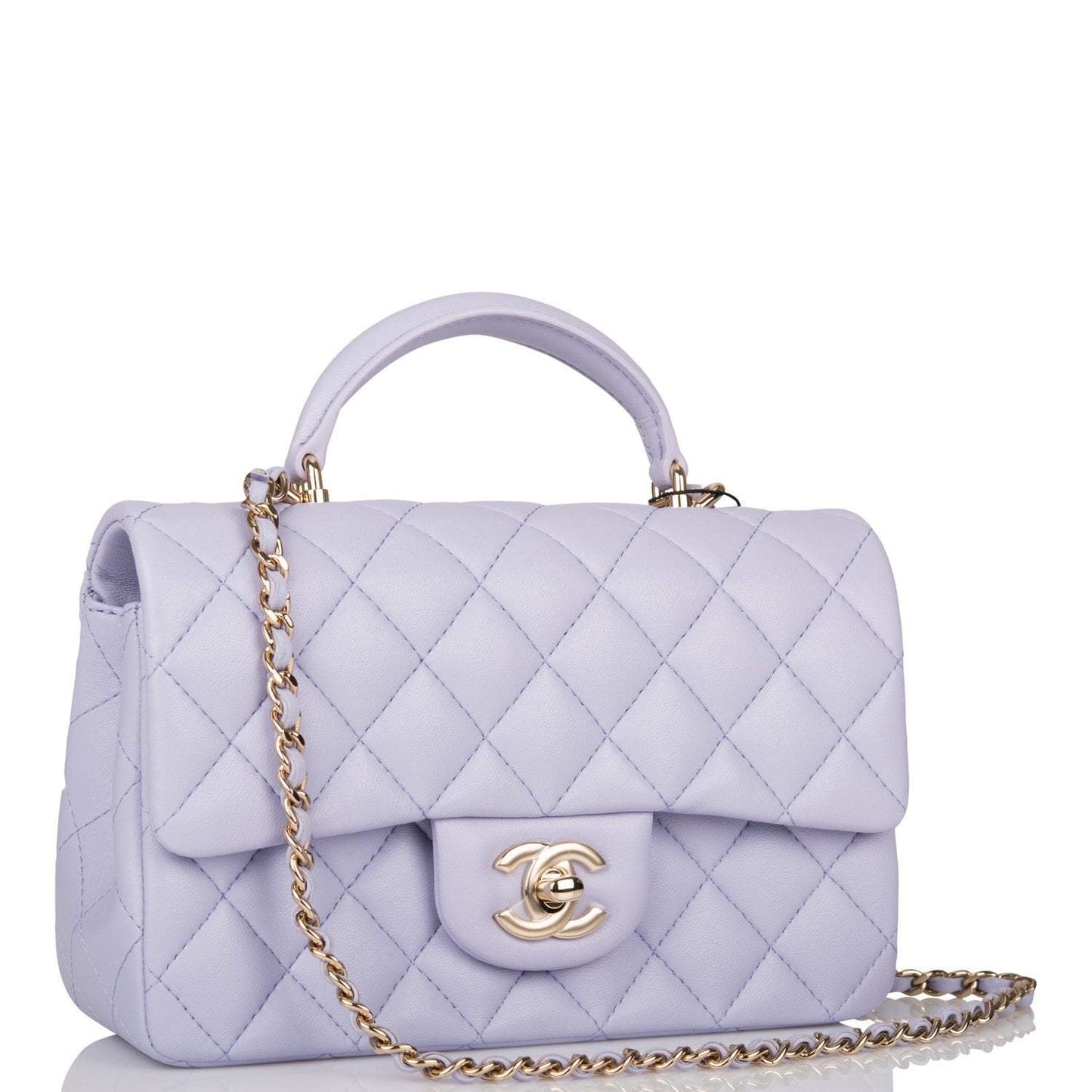 Chanel Rectangular Mini Flap Bag with Top Handle Lavender Quilted Lambskin Light Gold Hardware