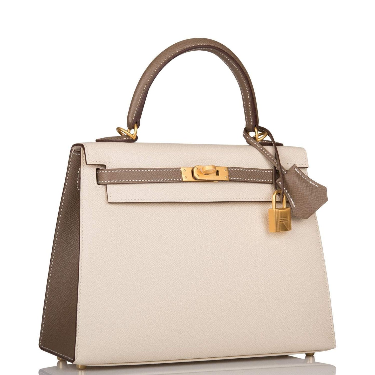Hermes Kelly 25cm Bi-Color Craie and Etoupe Epsom Sellier Brushed Gold Hardware