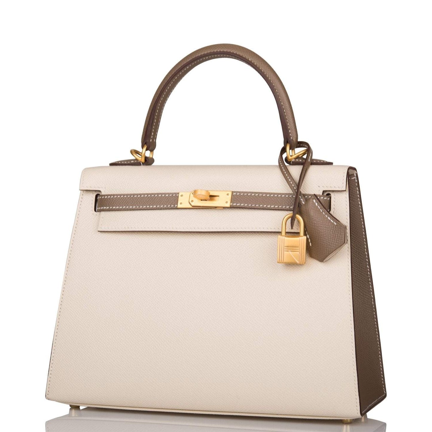 Hermes Kelly 25cm Bi-Color Craie and Etoupe Epsom Sellier Brushed Gold Hardware