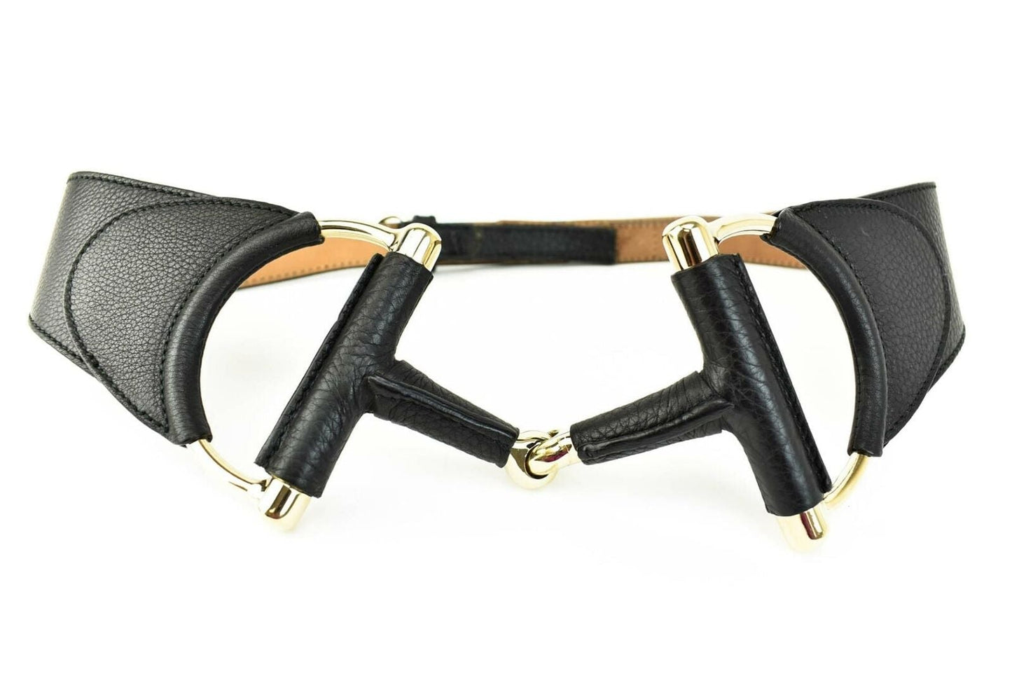 GUCCI: Black Leather & Gold "Horsebit" Buckle, Waist Belt fits 34" to 38" (ps)