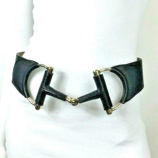 GUCCI: Black Leather & Gold "Horsebit" Buckle, Waist Belt fits 34" to 38" (ps)