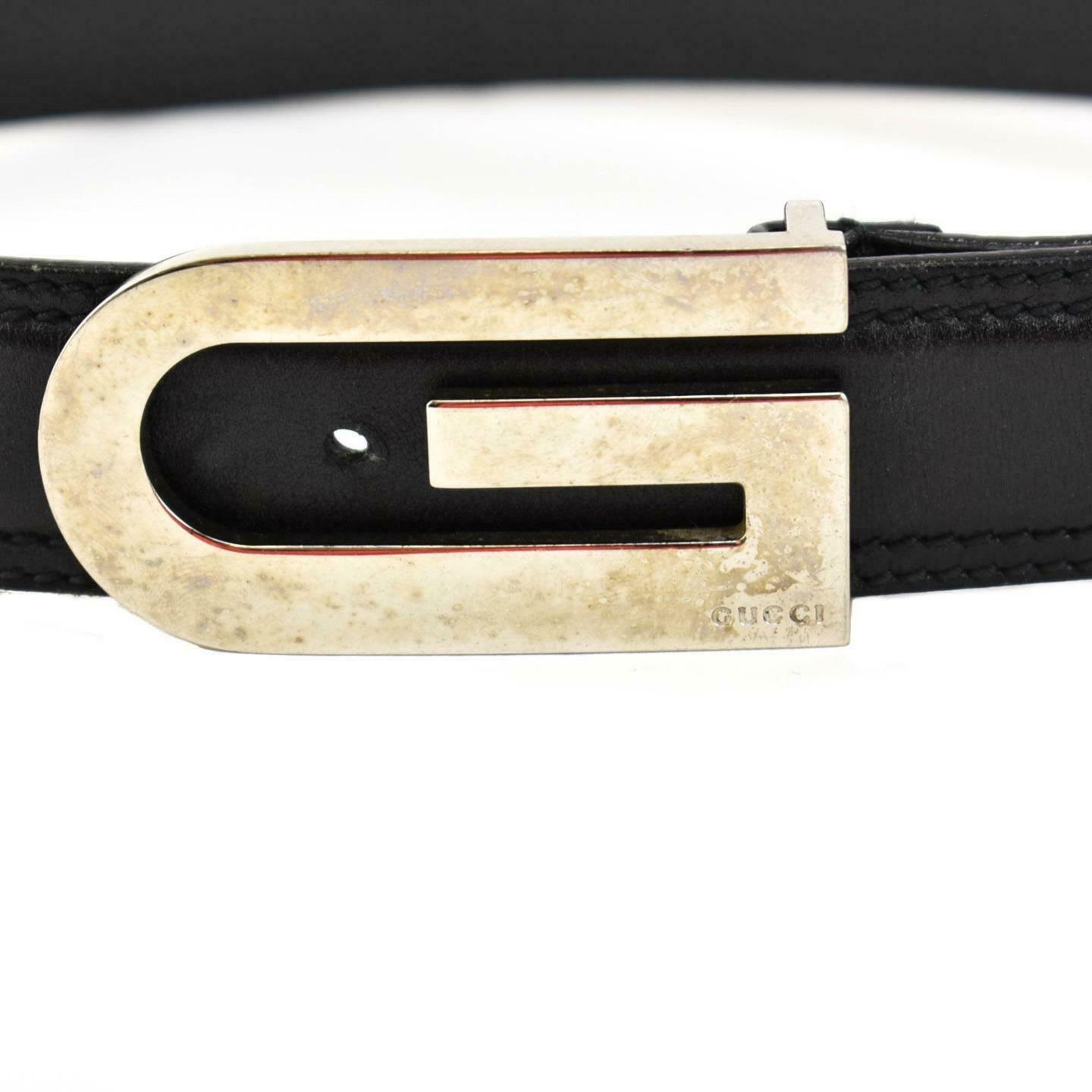GUCCI: Black, Leather & Silver "G" Buckle Logo Belt fits 30" to 32" (pz)