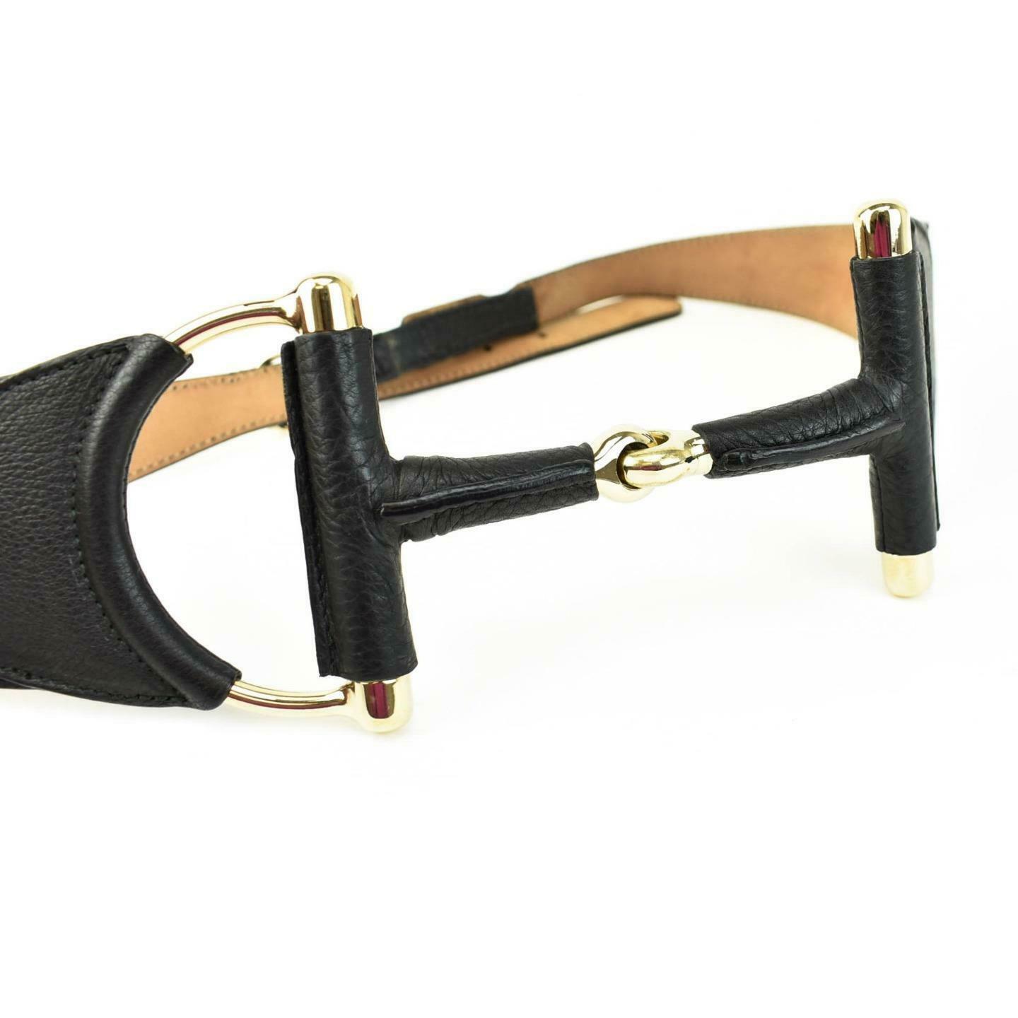 GUCCI: Black Leather & Gold "Horsebit" Buckle, Waist Belt fits 34" to 38" (ps)