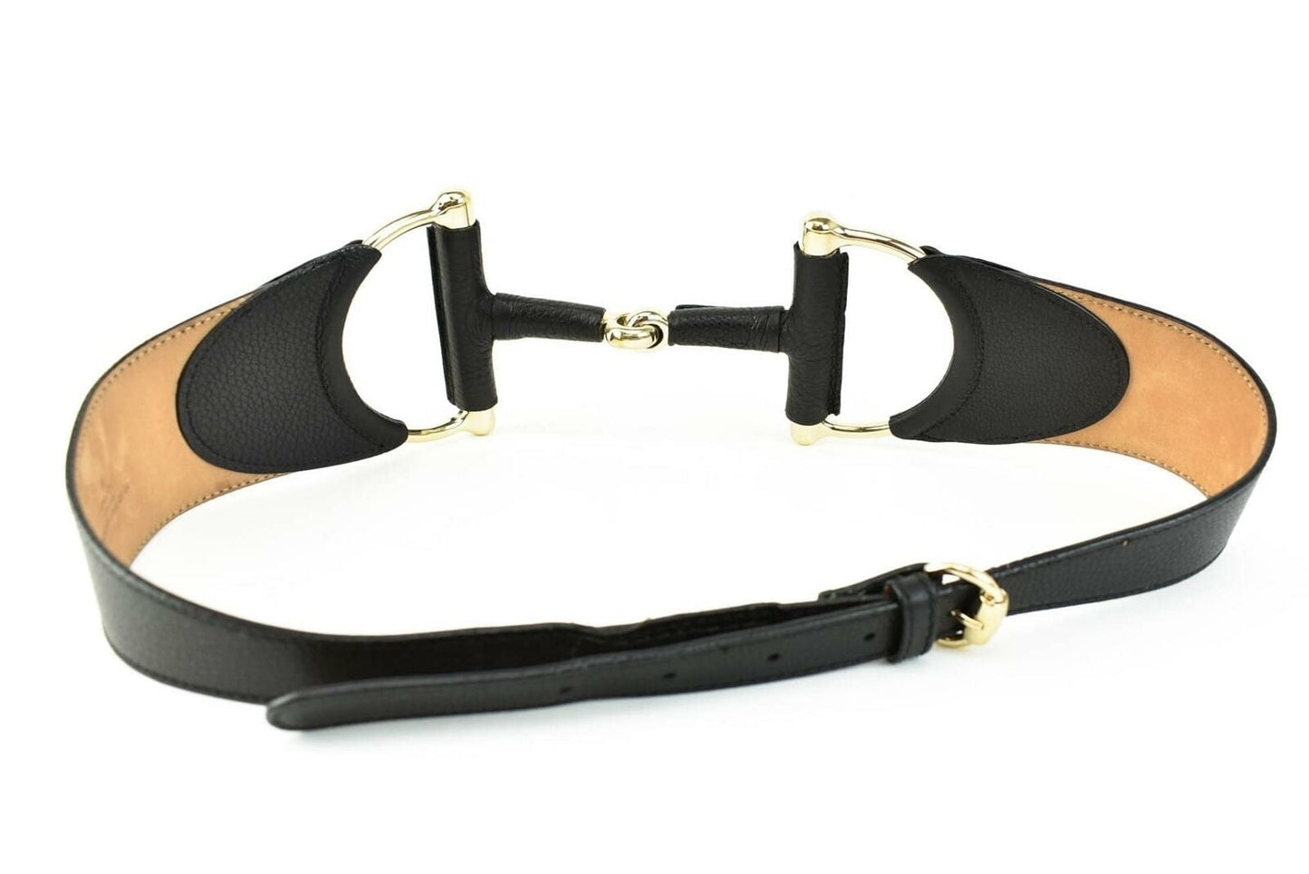 GUCCI: Black Leather & Gold "Horsebit" Buckle, Waist Belt fits 34" to 38" (ps)