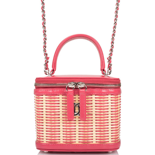 Chanel Pink Small Rattan Vanity Case Silver Hardware