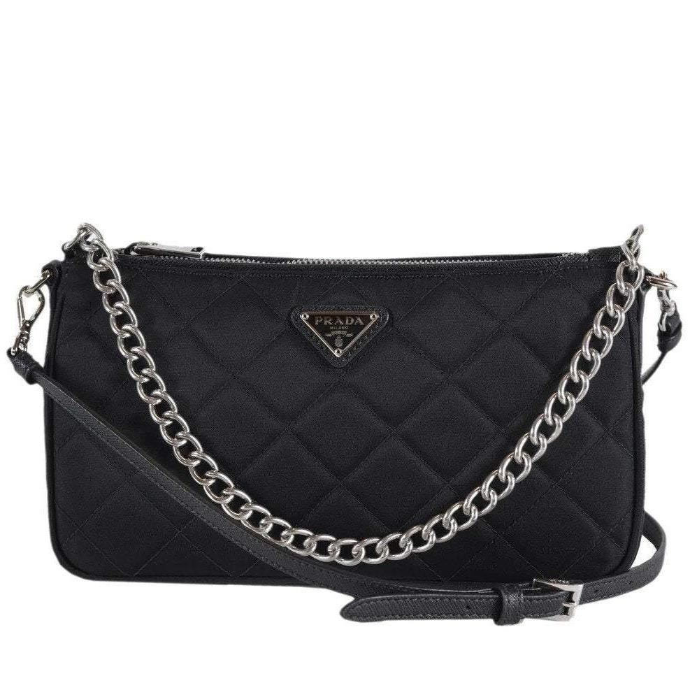 Quilted Tessuto Nylon Shoulder Bag in Black