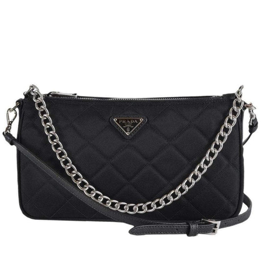 Quilted Tessuto Nylon Shoulder Bag in Black